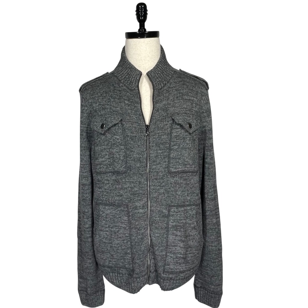 Rock & Republic Mens XL Gray Full Zip Military Style Knit Sweater Jacket Epaulet